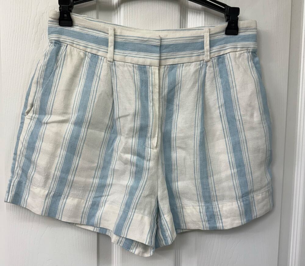 FRAME 100% linen High Waist Shorts Casual Size 2 White Blue Stripes Travel Beach